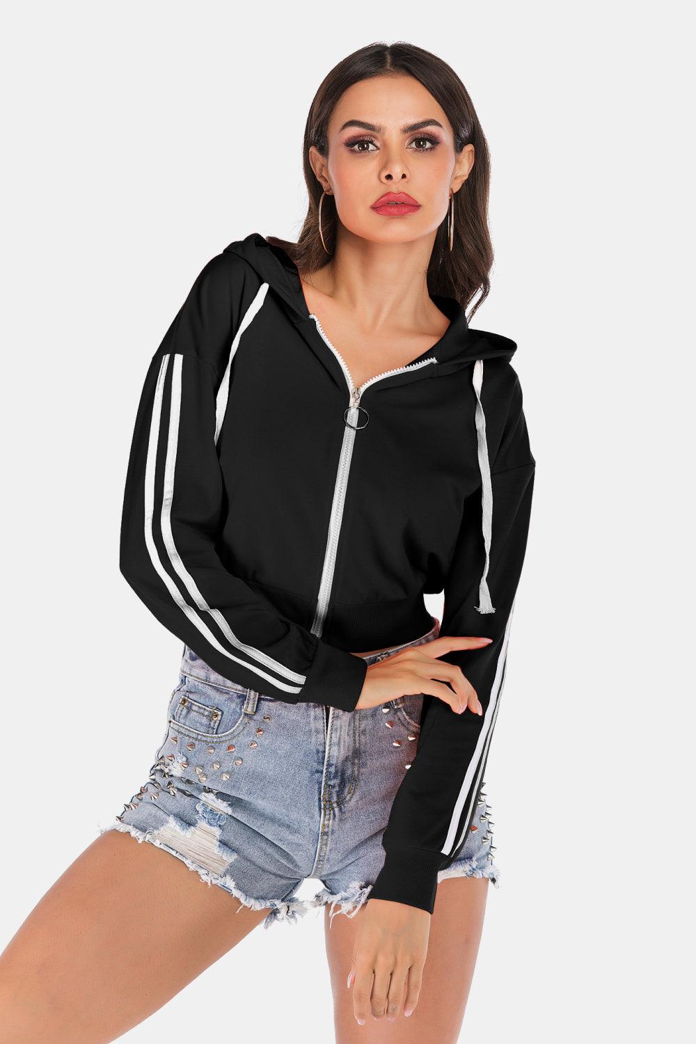 Side Stripe Drawstring Cropped Hooded Jacket Carauana Store