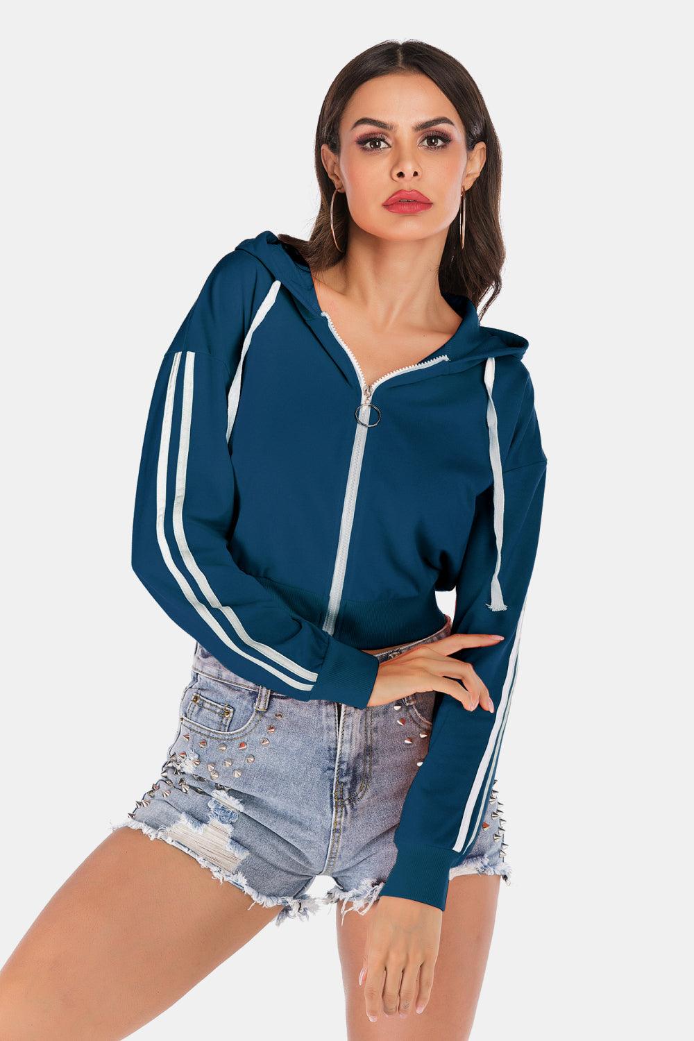 Side Stripe Drawstring Cropped Hooded Jacket Carauana Store