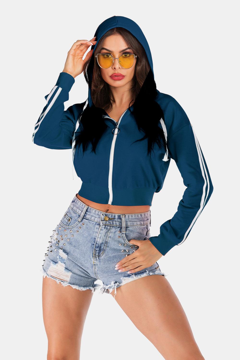 Side Stripe Drawstring Cropped Hooded Jacket Carauana Store