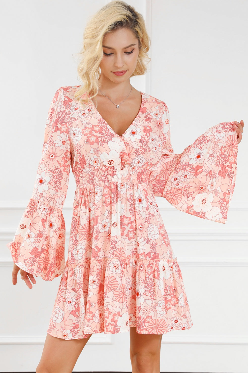 Smocked Printed Flare Sleeve Mini Dress Carauana Store
