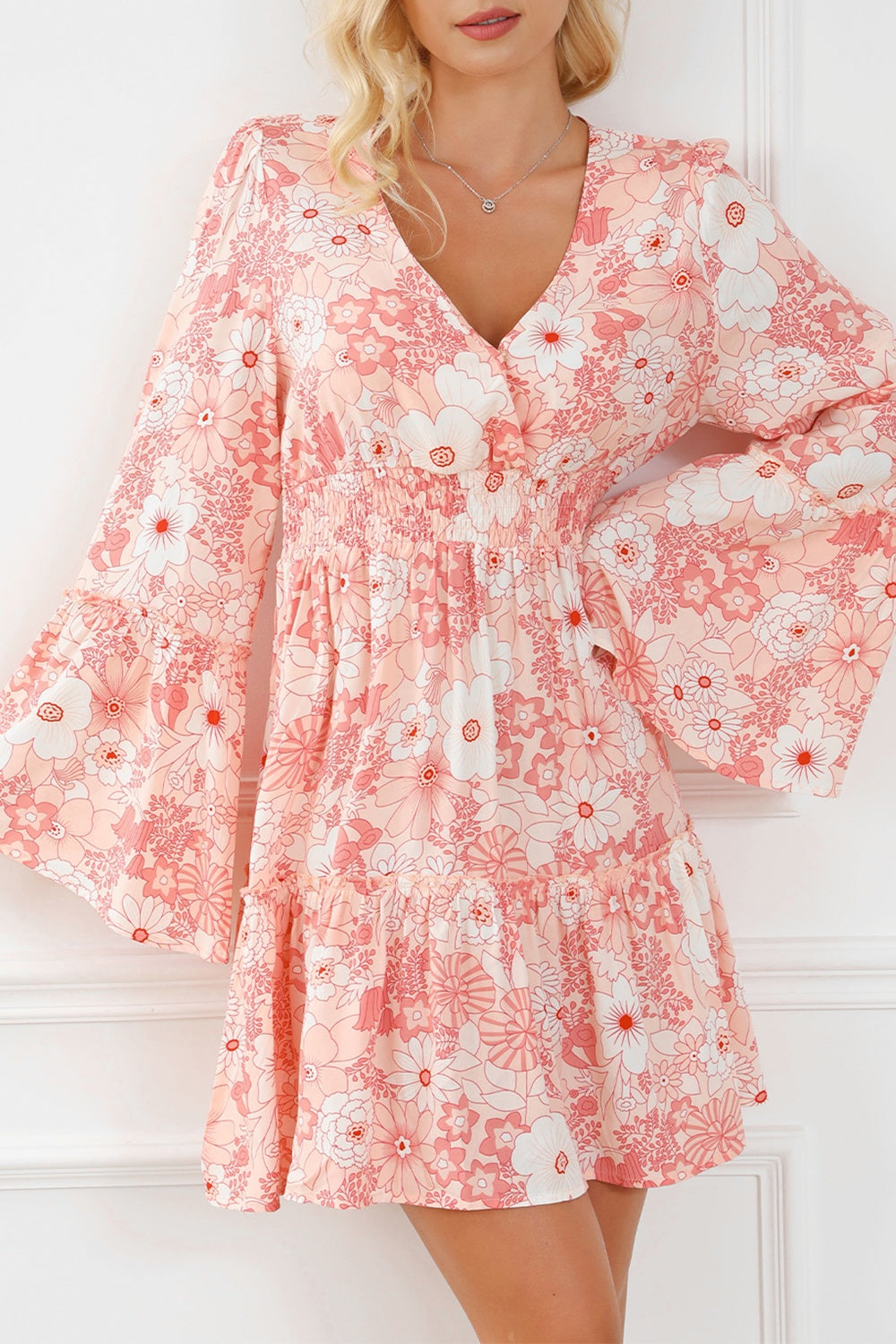 Smocked Printed Flare Sleeve Mini Dress Carauana Store
