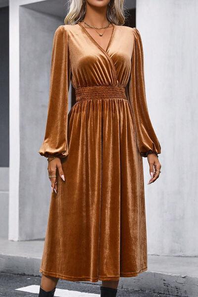 Surplice Balloon Sleeve Smocked Midi Dress Carauana Store