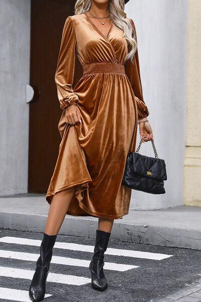 Surplice Balloon Sleeve Smocked Midi Dress Carauana Store