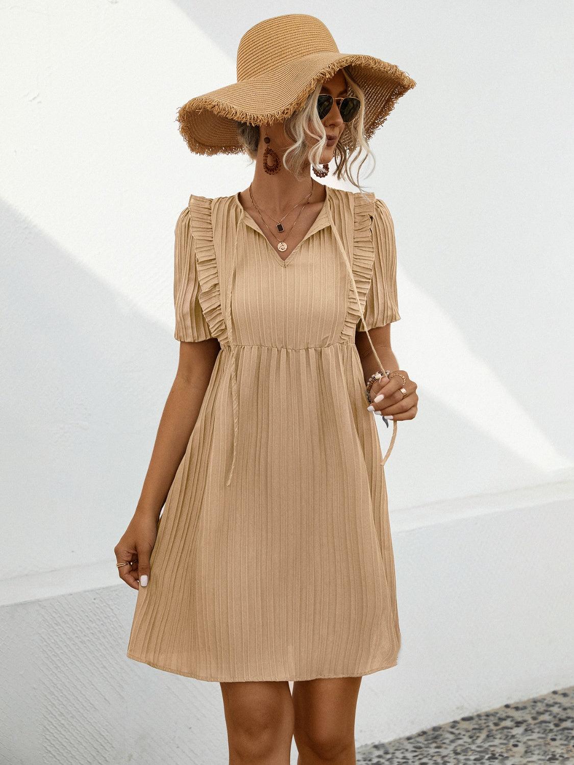 Tie Neck Short Sleeve Mini Dress Carauana Store