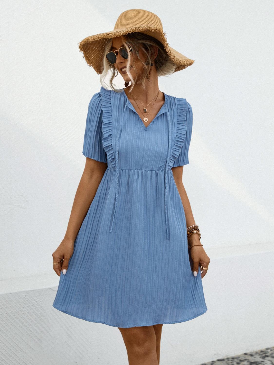 Tie Neck Short Sleeve Mini Dress Carauana Store