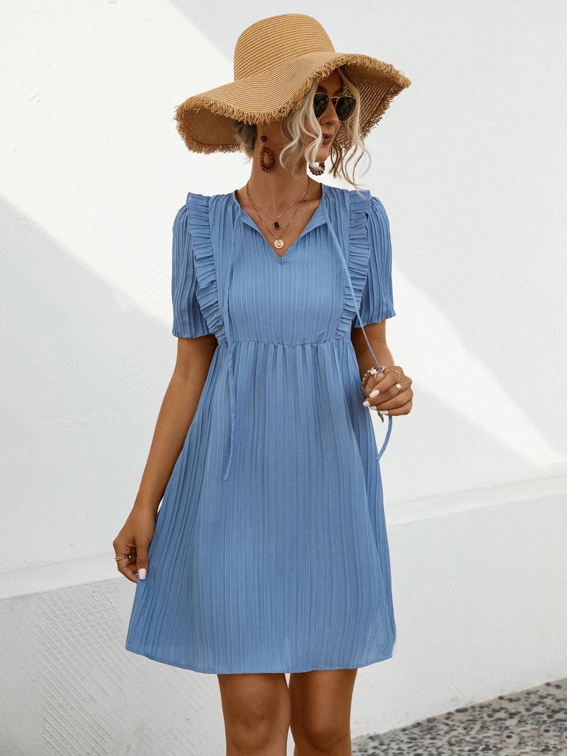 Tie Neck Short Sleeve Mini Dress Carauana Store