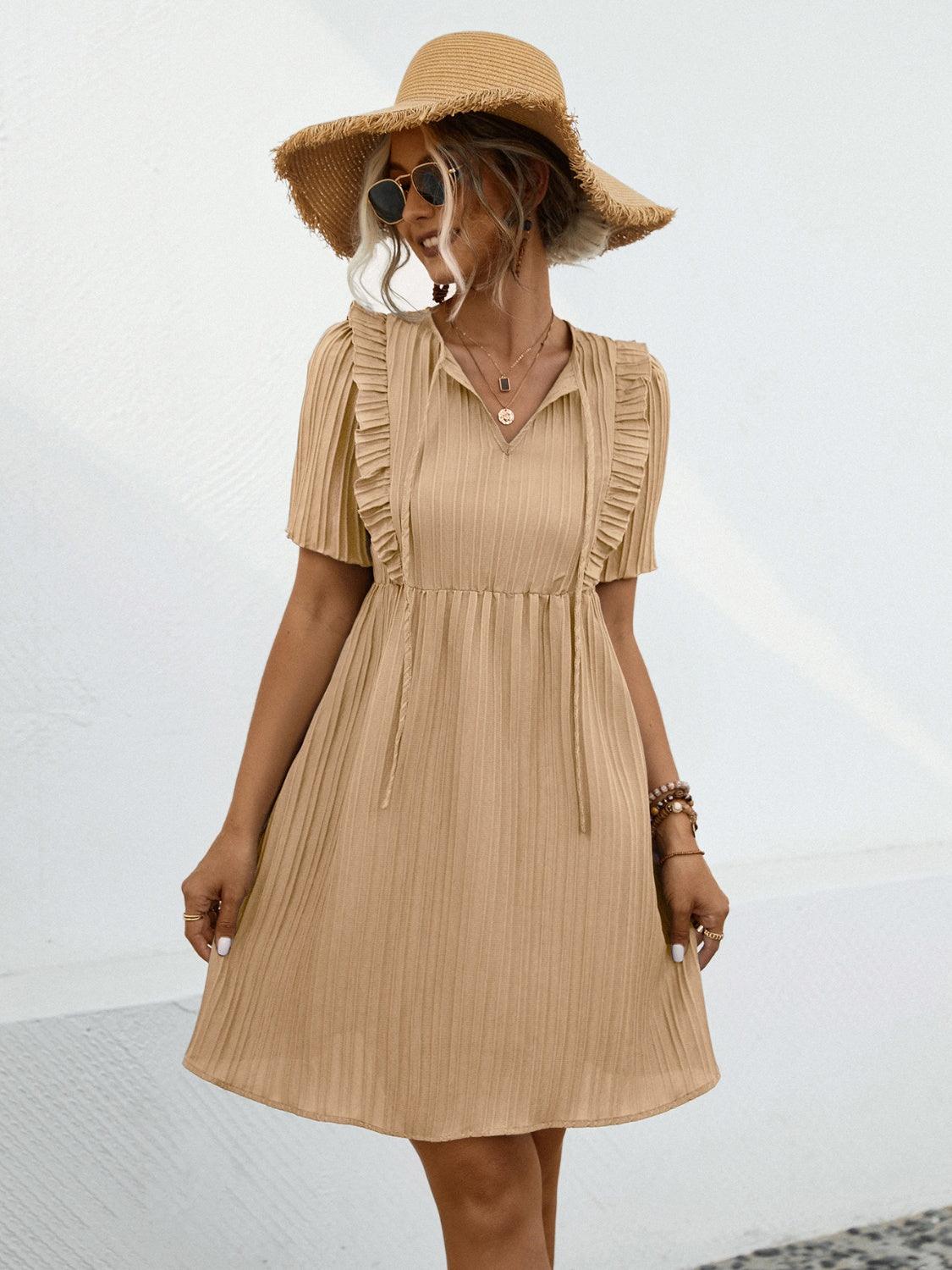 Tie Neck Short Sleeve Mini Dress Carauana Store
