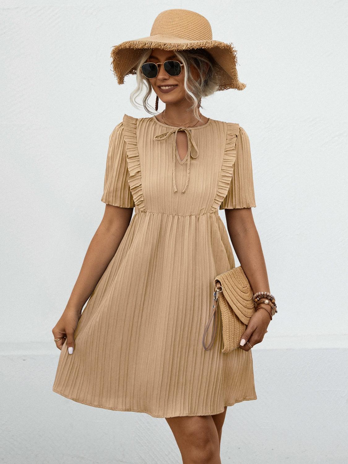 Tie Neck Short Sleeve Mini Dress Carauana Store