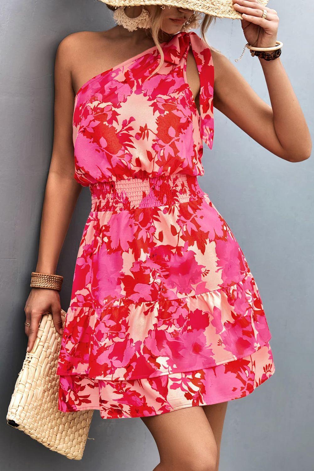 Tied Smocked Printed Single Shoulder Dress Carauana Store