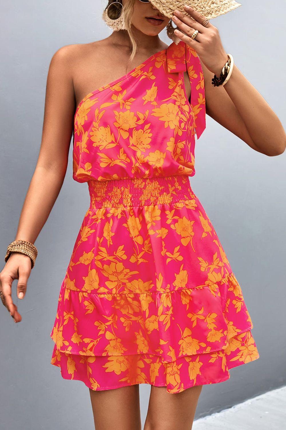 Tied Smocked Printed Single Shoulder Dress Carauana Store