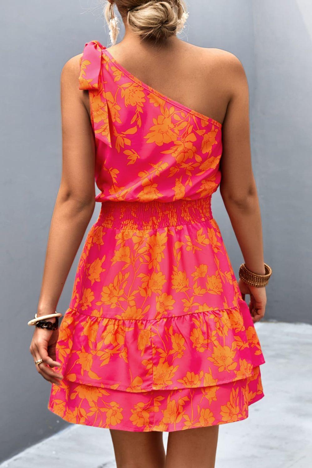Tied Smocked Printed Single Shoulder Dress Carauana Store