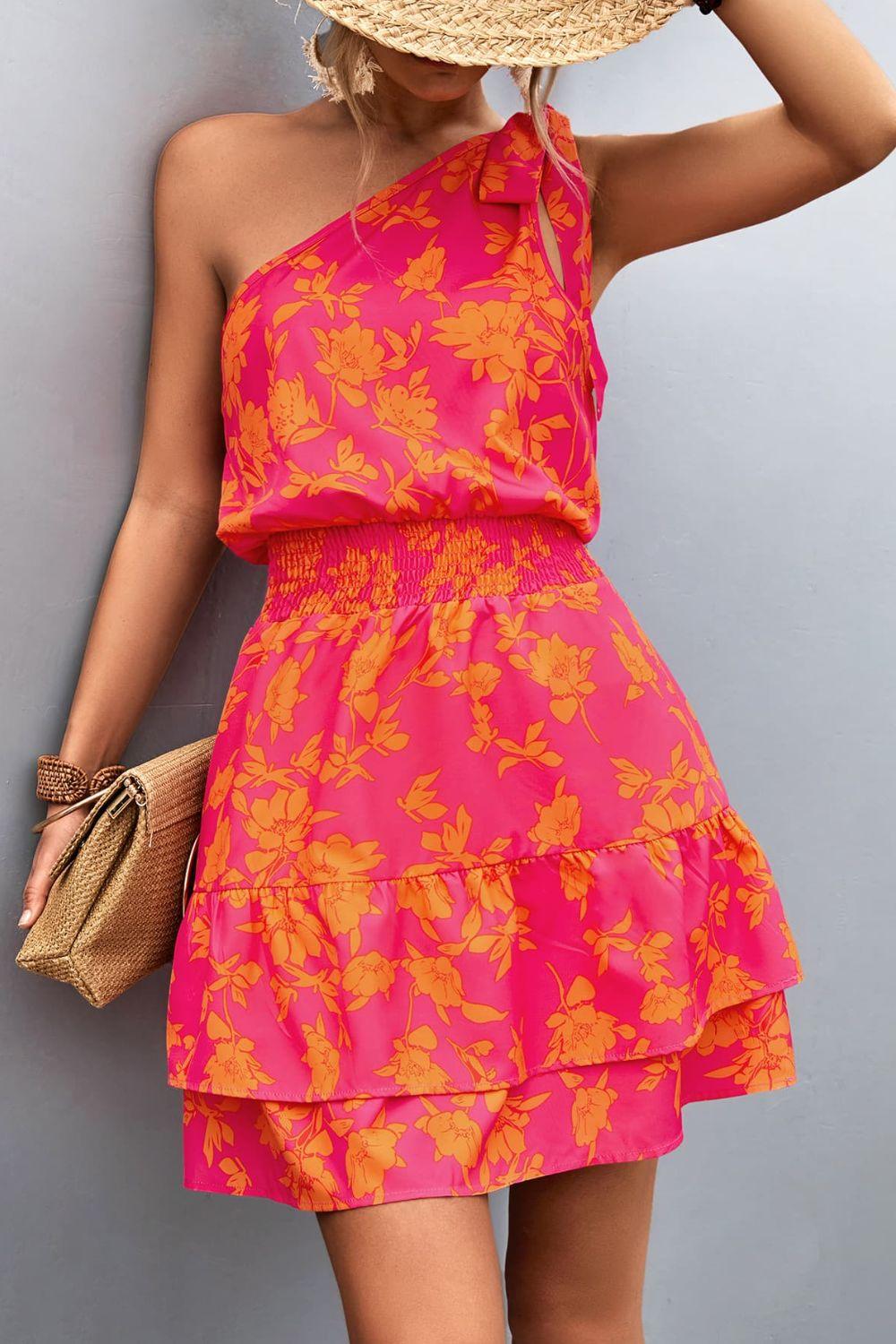 Tied Smocked Printed Single Shoulder Dress Carauana Store