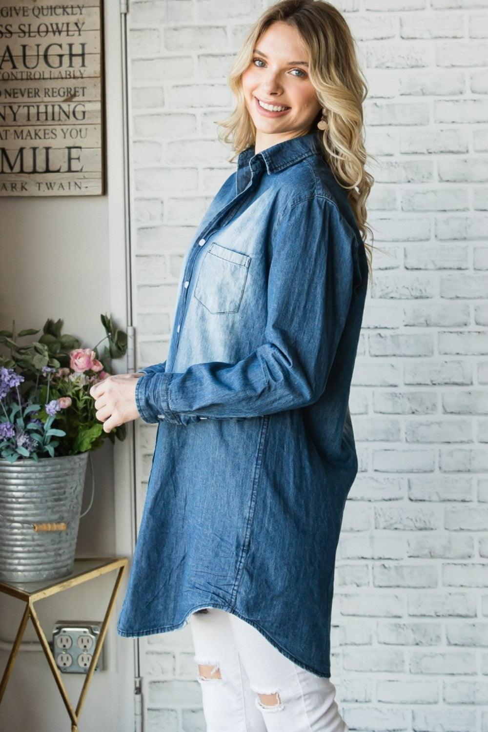 Veveret Pocketed Button Up Washed Denim Shirt Carauana Store