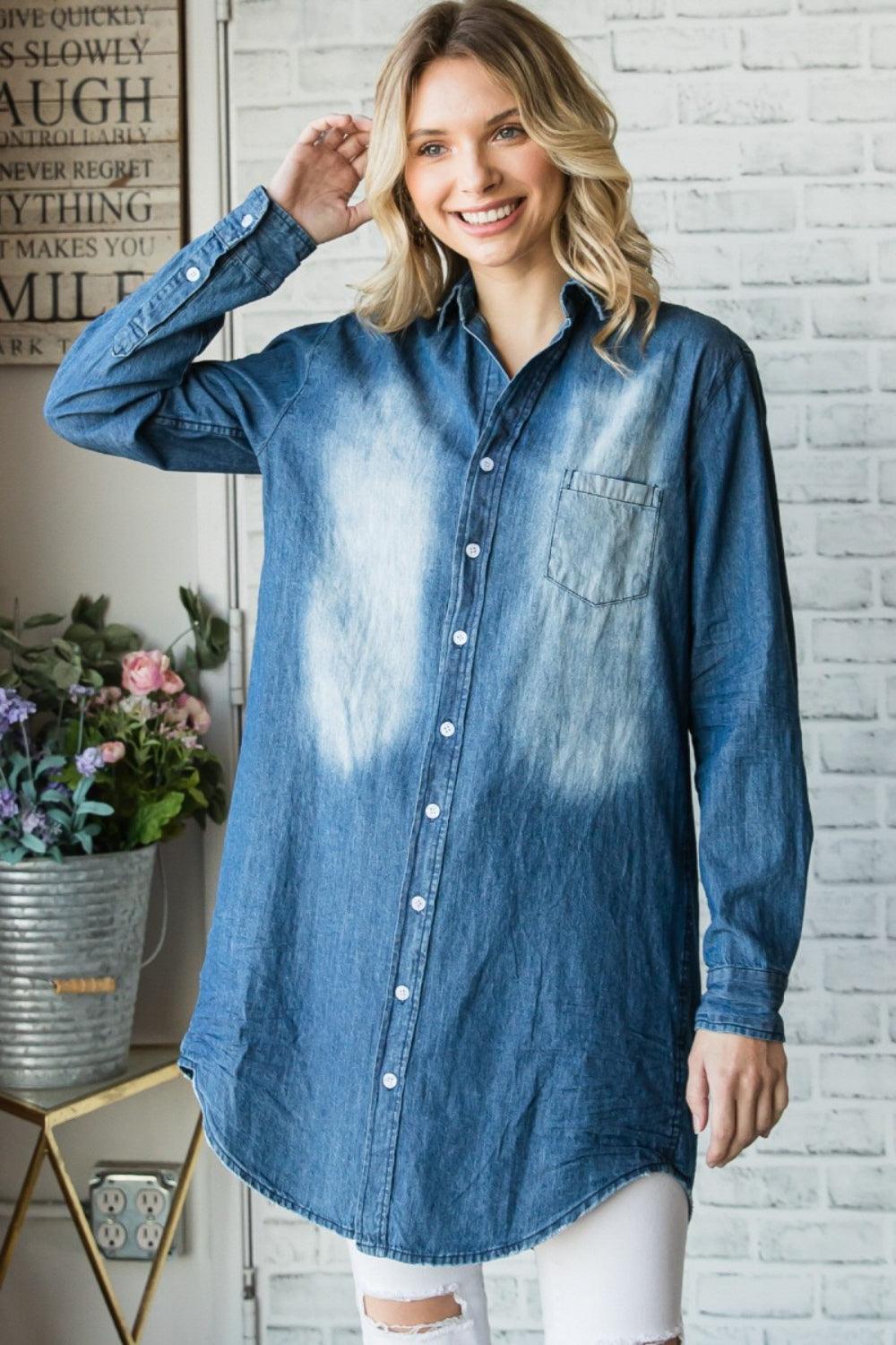 Veveret Pocketed Button Up Washed Denim Shirt Carauana Store
