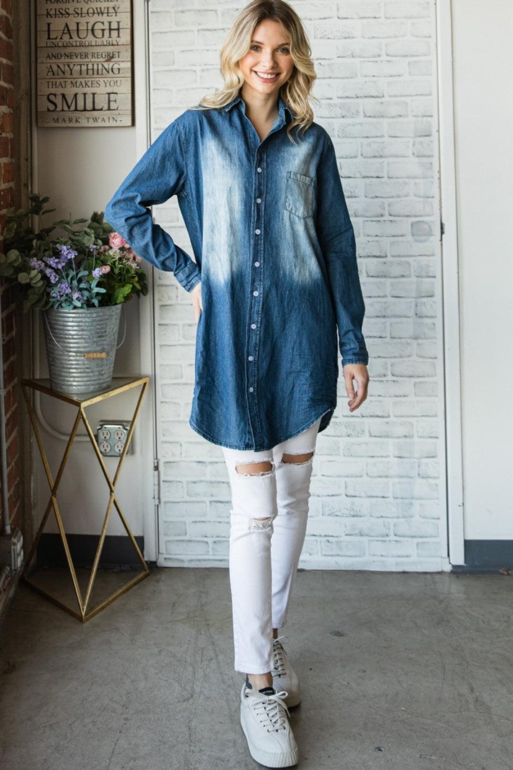 Veveret Pocketed Button Up Washed Denim Shirt Carauana Store