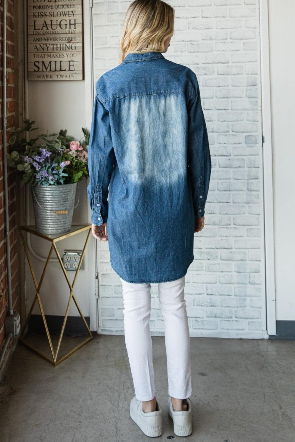 Veveret Pocketed Button Up Washed Denim Shirt Carauana Store