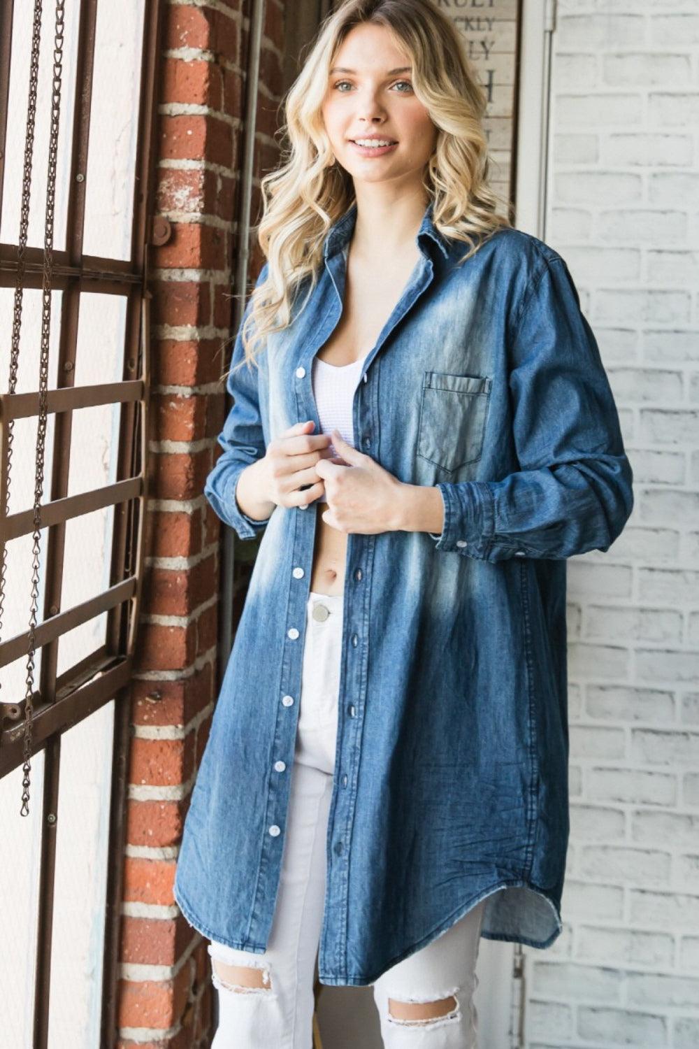 Veveret Pocketed Button Up Washed Denim Shirt Carauana Store