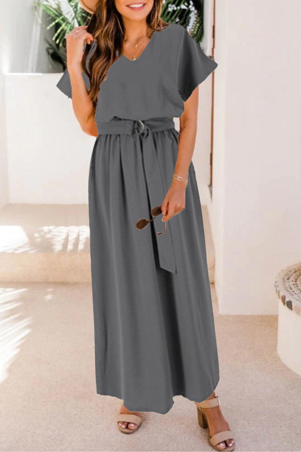 Ruched V-Neck Cap Sleeve Dress Carauana Store