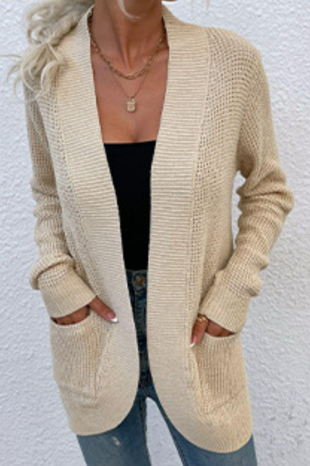 Open Front Rib-Knit Cardigan with Pockets Carauana Store