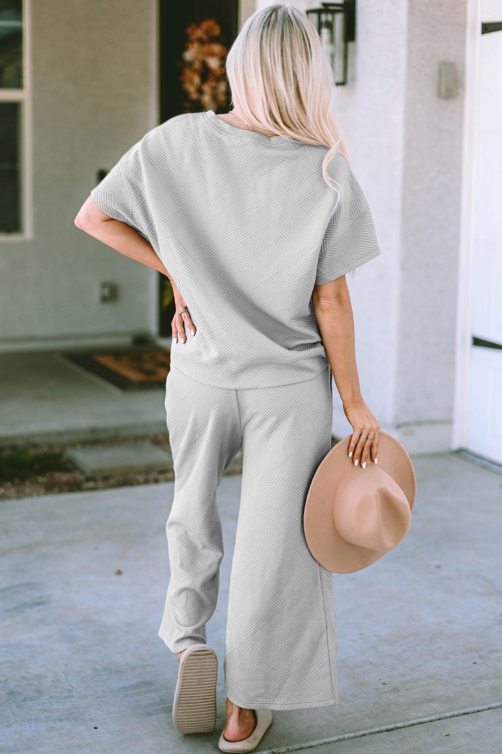 Double Take Full Size Texture Short Sleeve Top and Pants Set Carauana Store