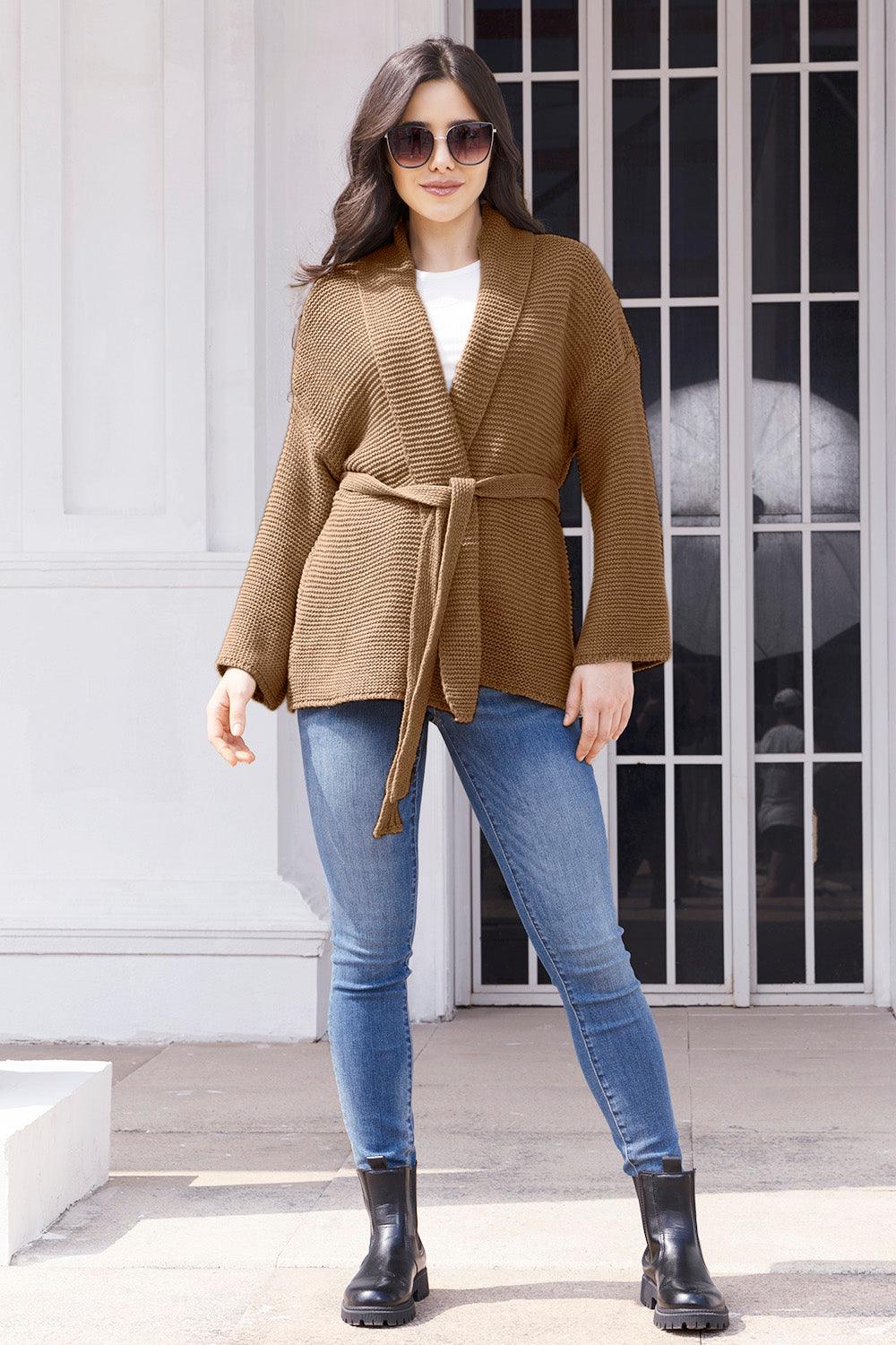 Tied Open Front Long Sleeve Cardigan Carauana Store