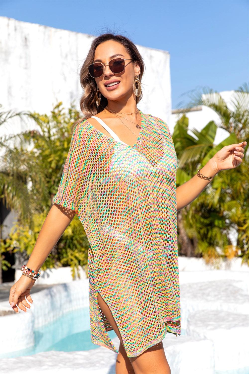 Slit Openwork V-Neck Short Sleeve Cover Up Carauana Store
