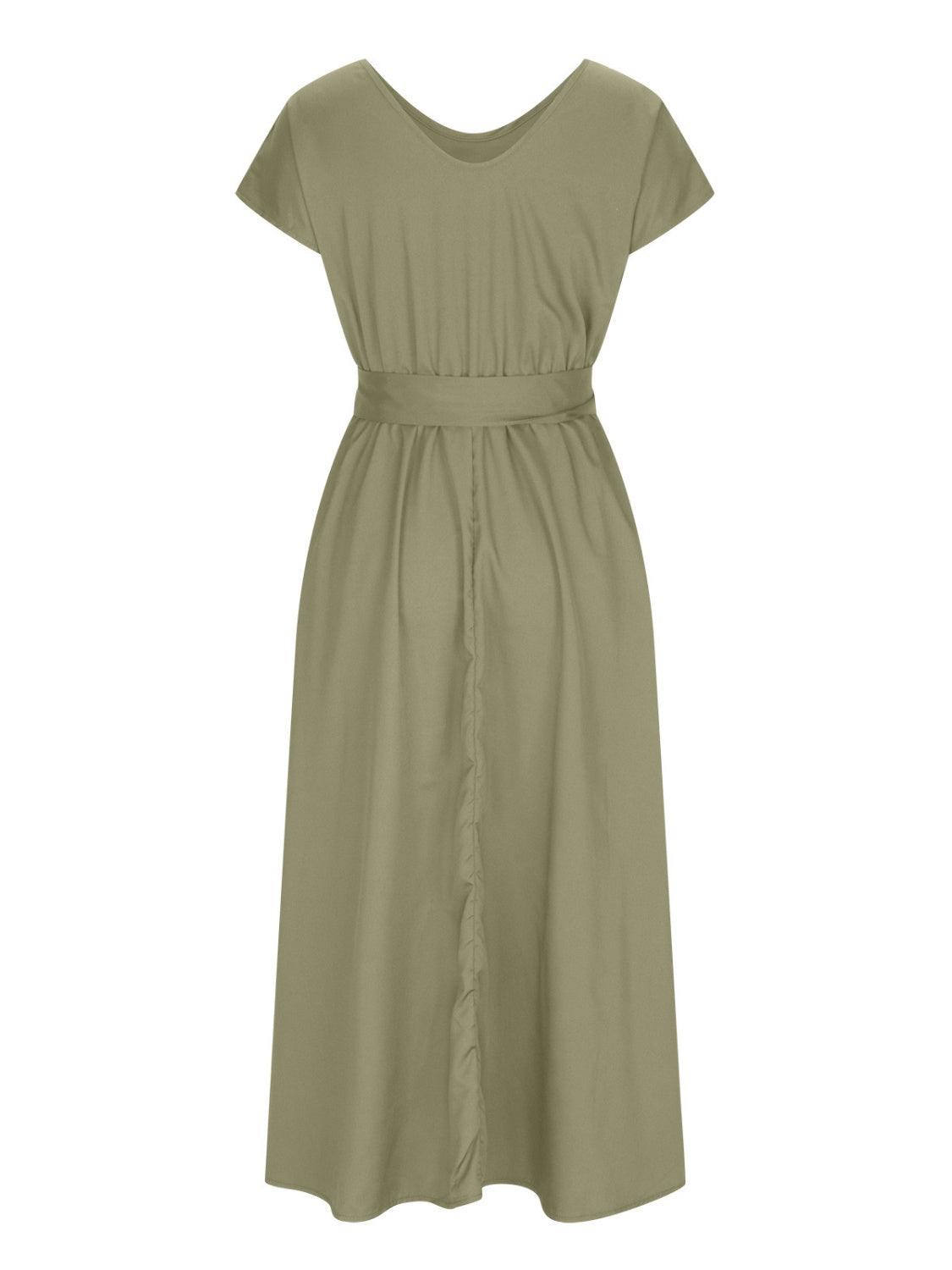 Ruched V-Neck Cap Sleeve Dress Carauana Store