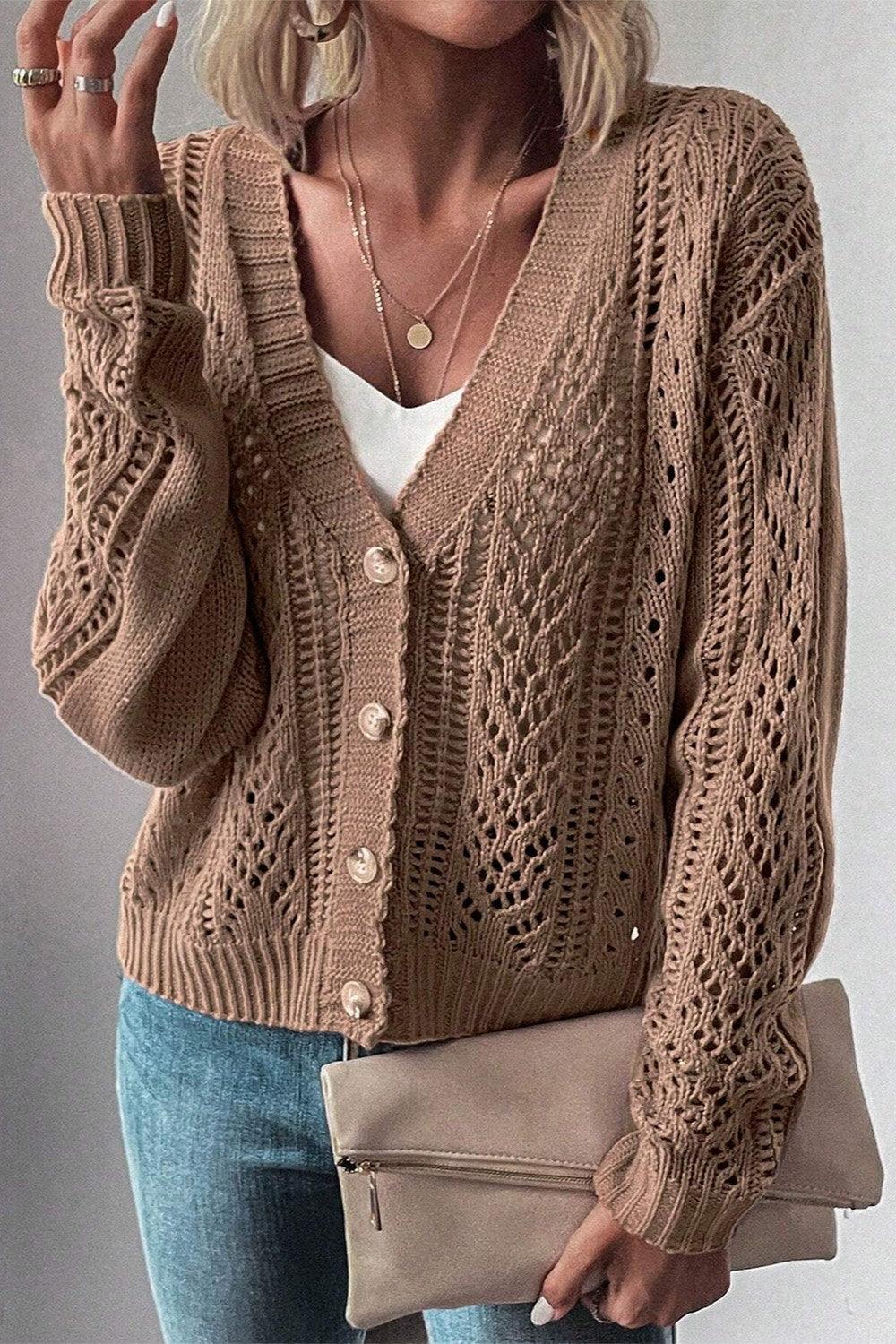 Openwork Button Up Long Sleeve Cardigan Carauana Store