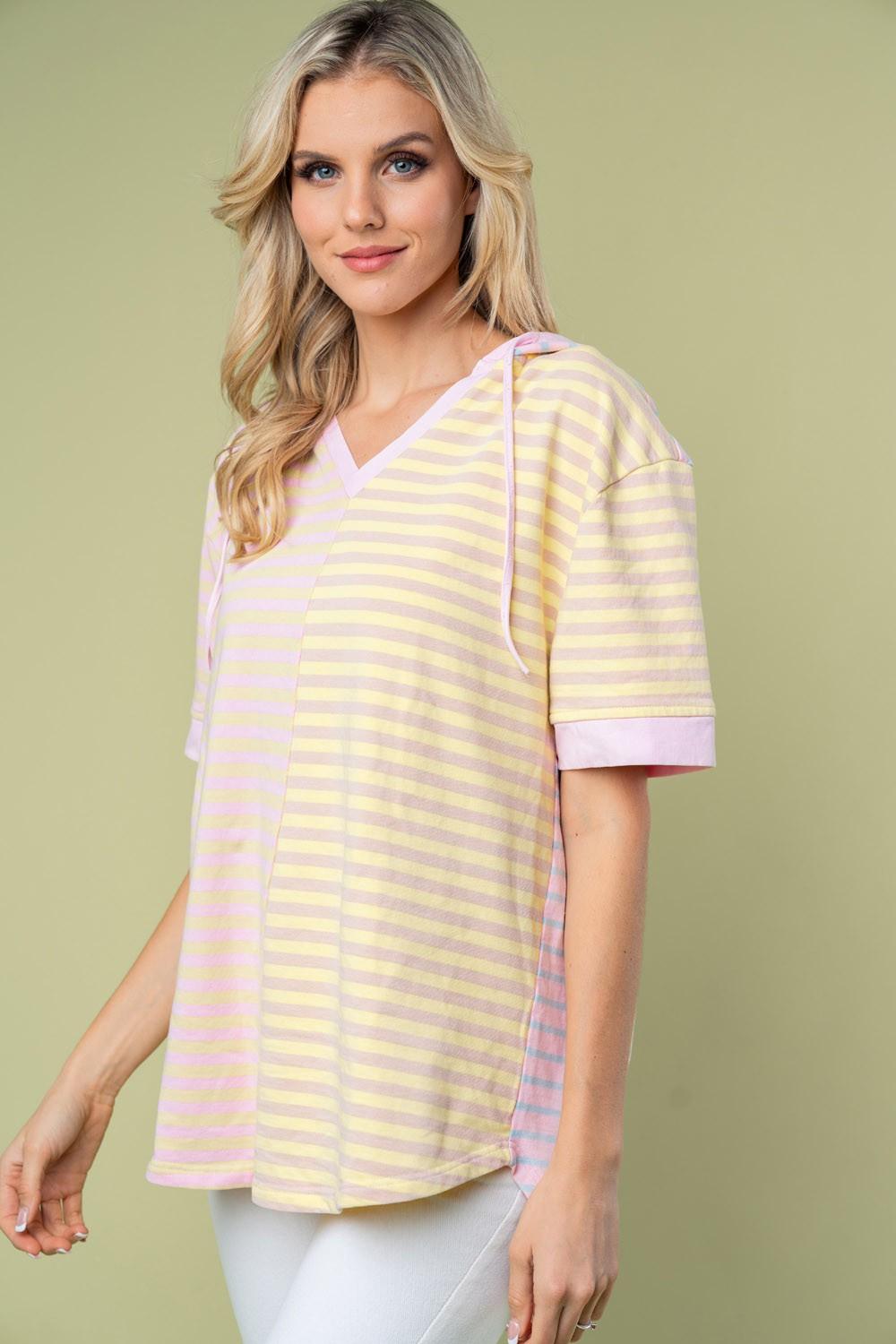White Birch Full Size Striped Short Sleeve Drawstring Hooded Top Carauana Store