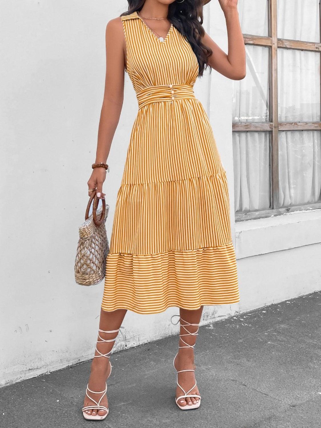 Striped Johnny Collar Sleeveless Midi Dress Carauana Store