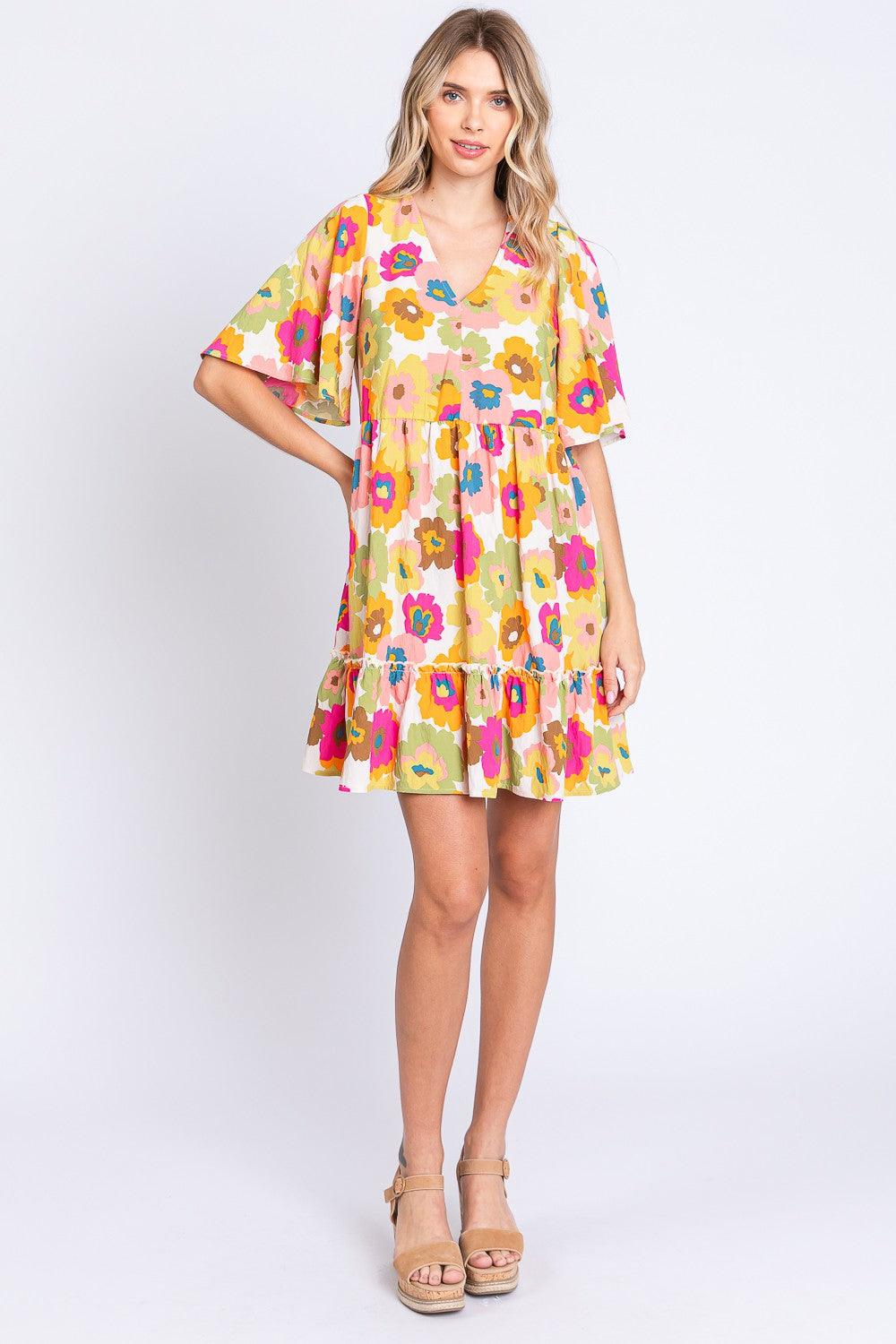 GeeGee Floral V-Neck Ruffle Hem Mini Dress Carauana Store