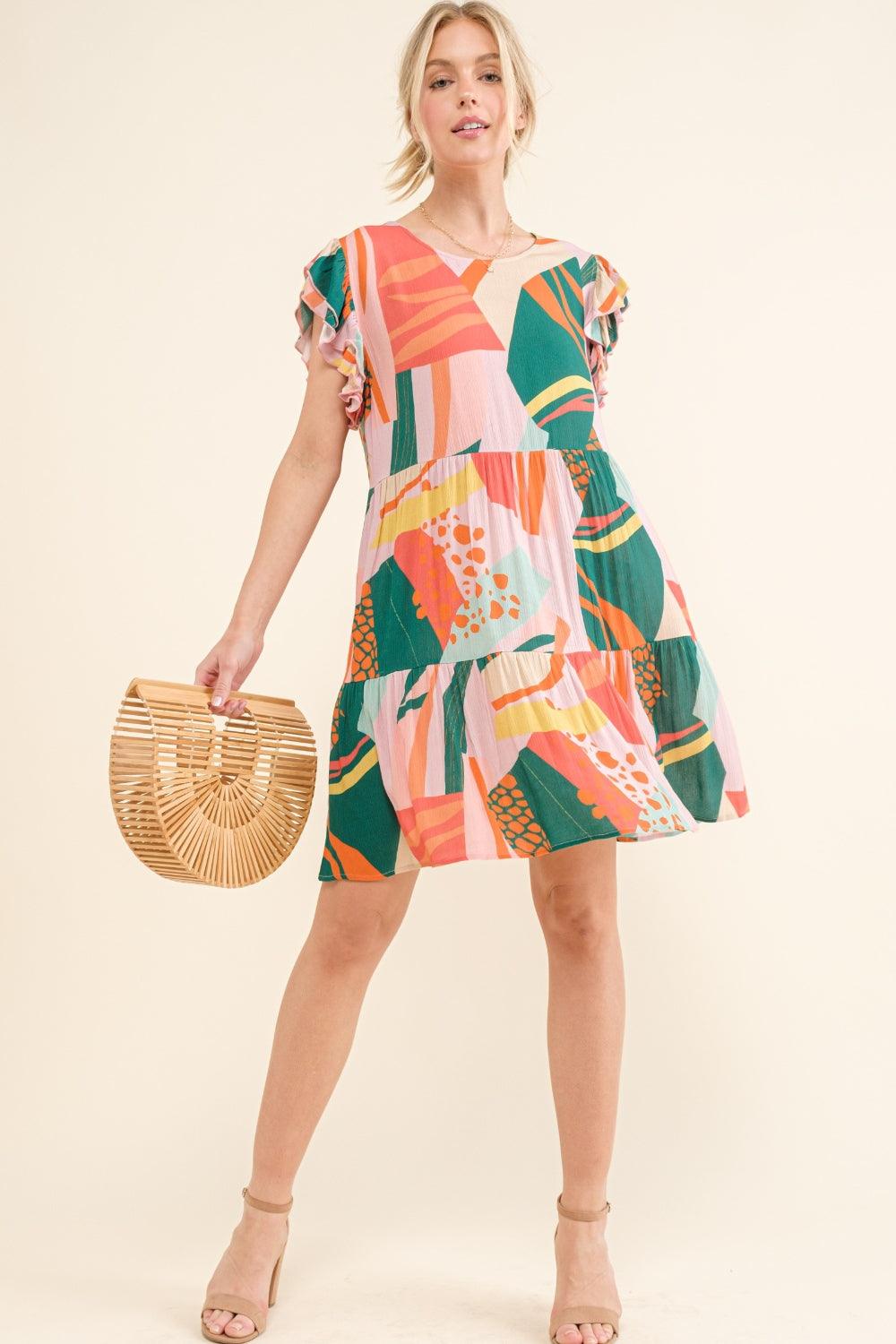 And The Why Printed Double Ruffle Sleeve Dress Carauana Store