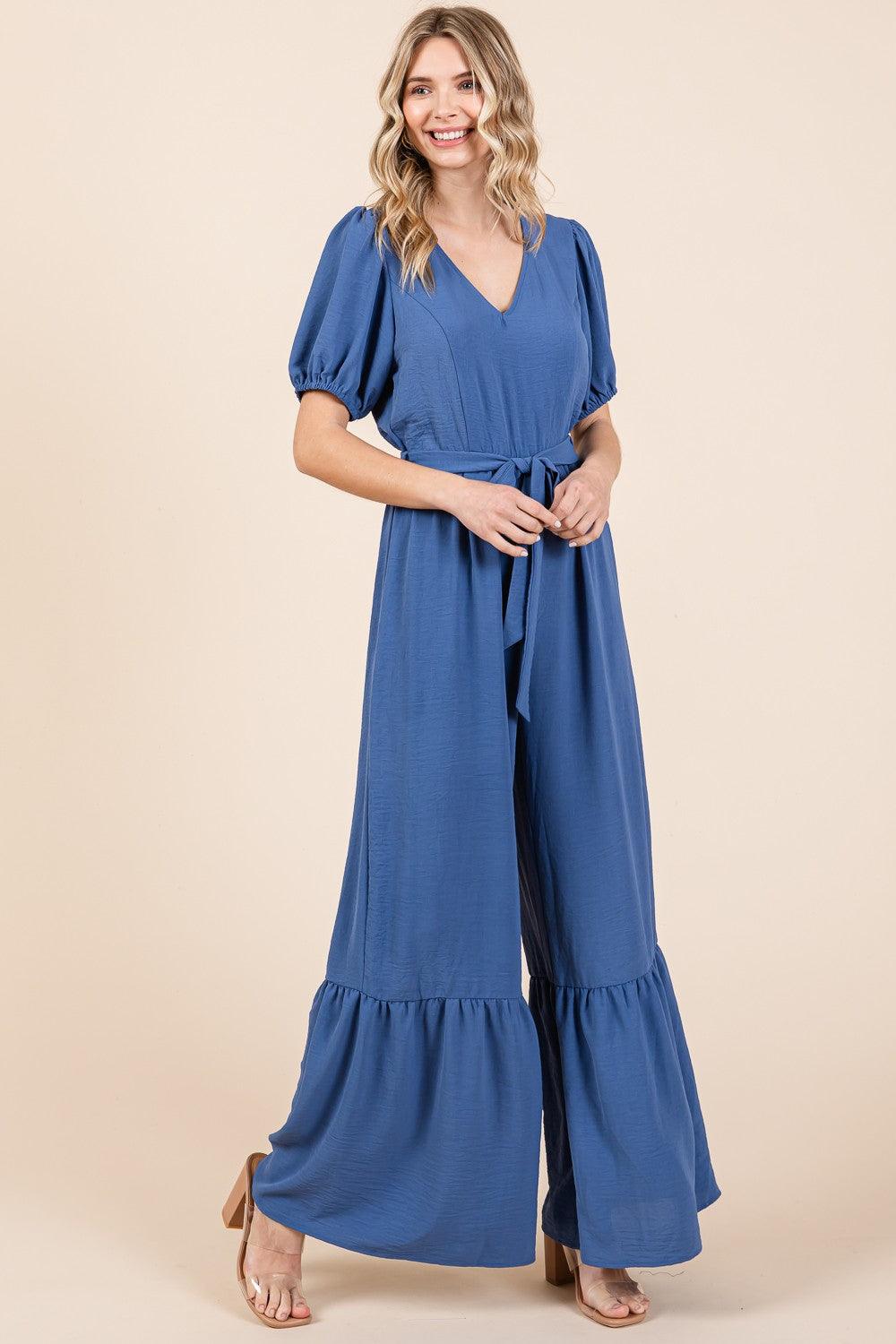 GeeGee Full Size V-Neck Belted Wide Leg Jumpsuit Carauana Store