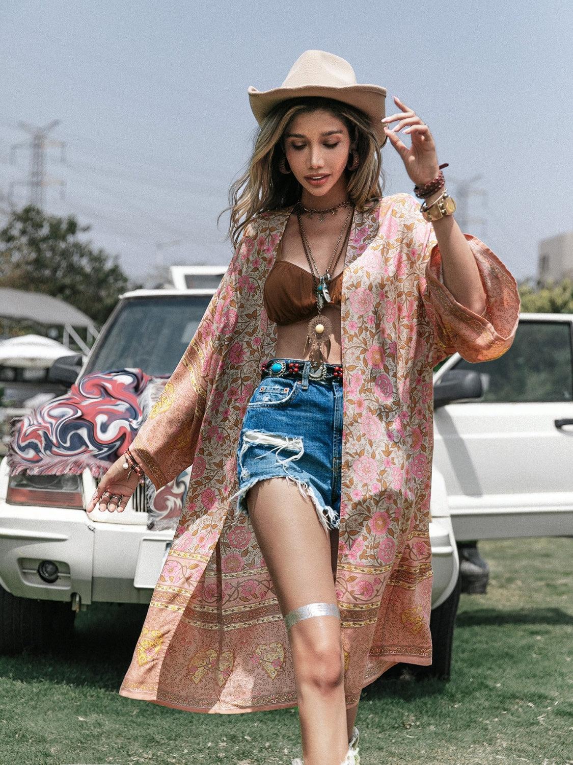 Floral Open Front Long Sleeve Cardigan Carauana Store