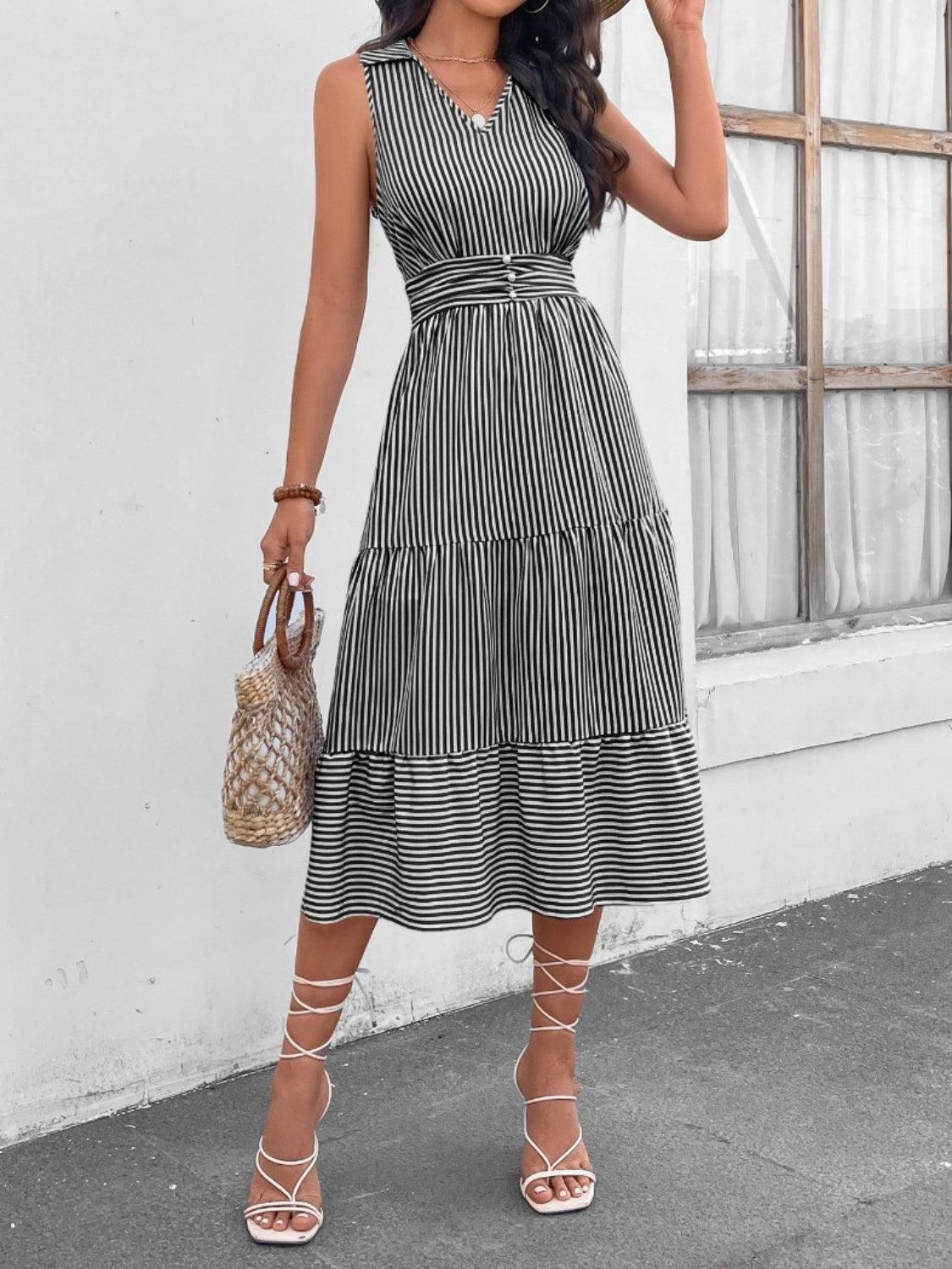Striped Johnny Collar Sleeveless Midi Dress Carauana Store