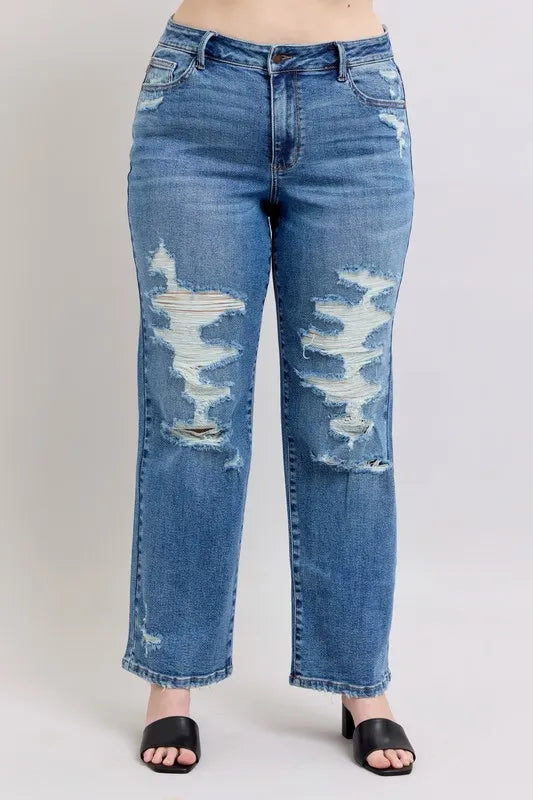 Judy Blue Full Size High Waist Heavy Destroy Straight Jeans Plus Size Carauana Store