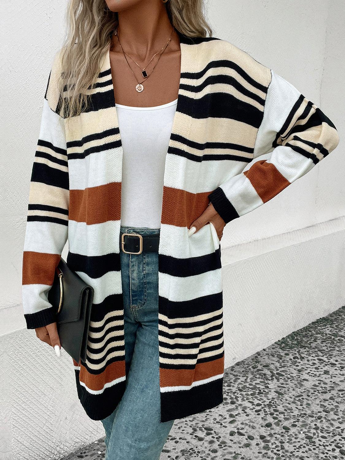 Perfee Striped Open Front Drop Shoulder Cardigan Carauana Store