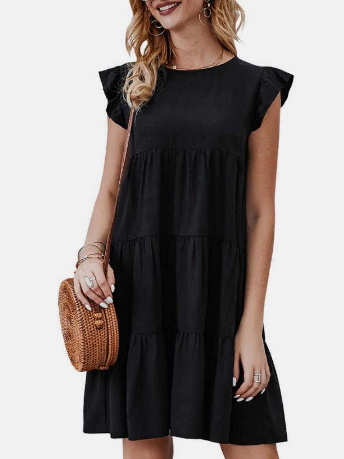 Ruffled Round Neck Cap Sleeve Mini Dress Carauana Store