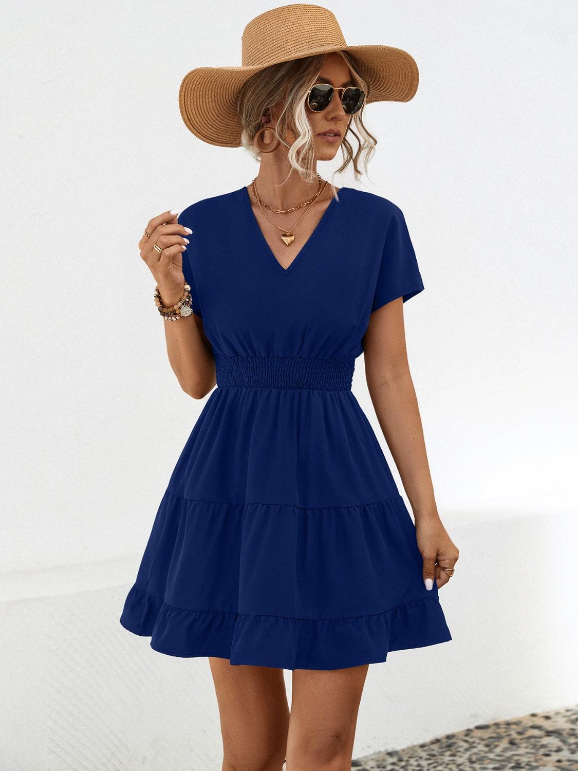 Ruffled Smocked V-Neck Tiered Dress Carauana Store