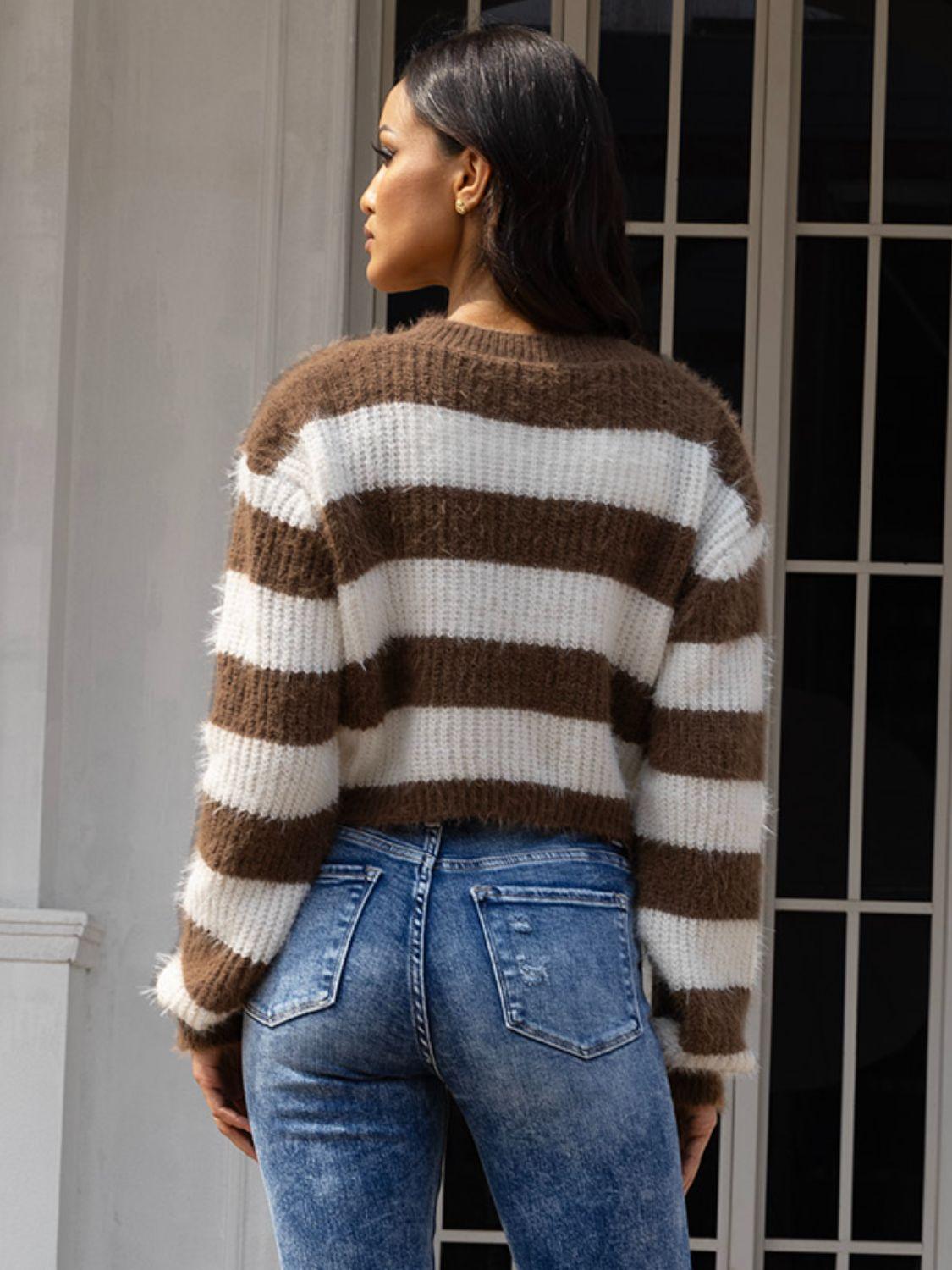 Striped Button Up Dropped Shoulder Cardigan Carauana Store
