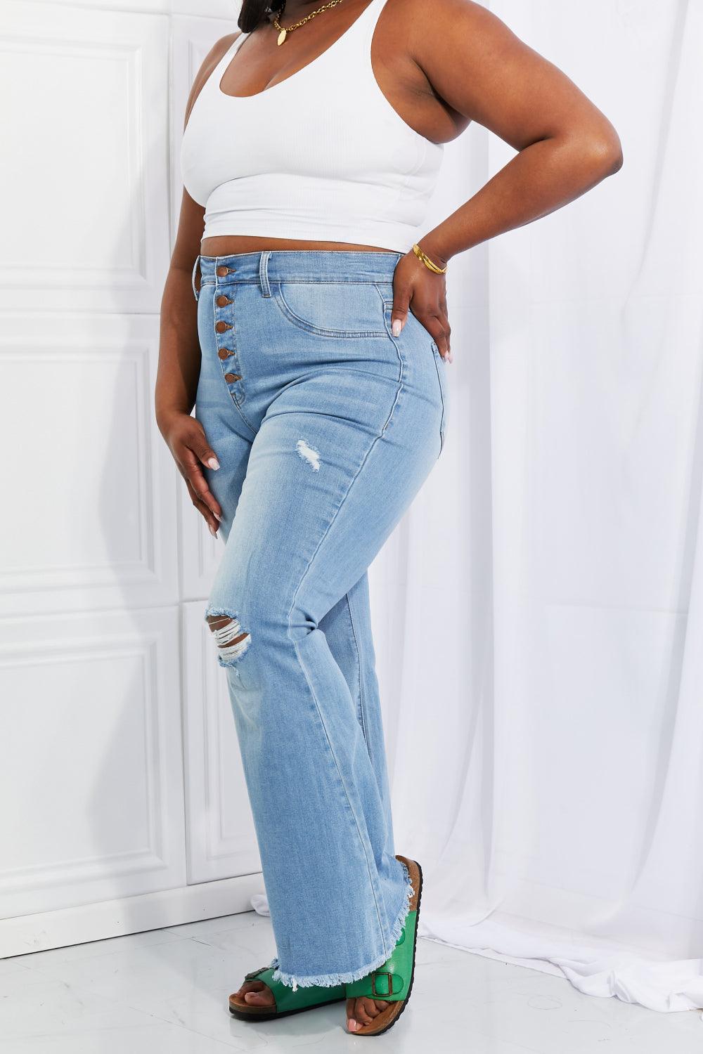 Vibrant MIU Full Size Jess Button Flare Jeans Carauana Store