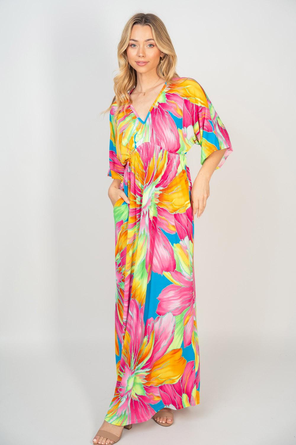 White Birch Printed V-Neck Maxi Dress with Pockets Carauana Store