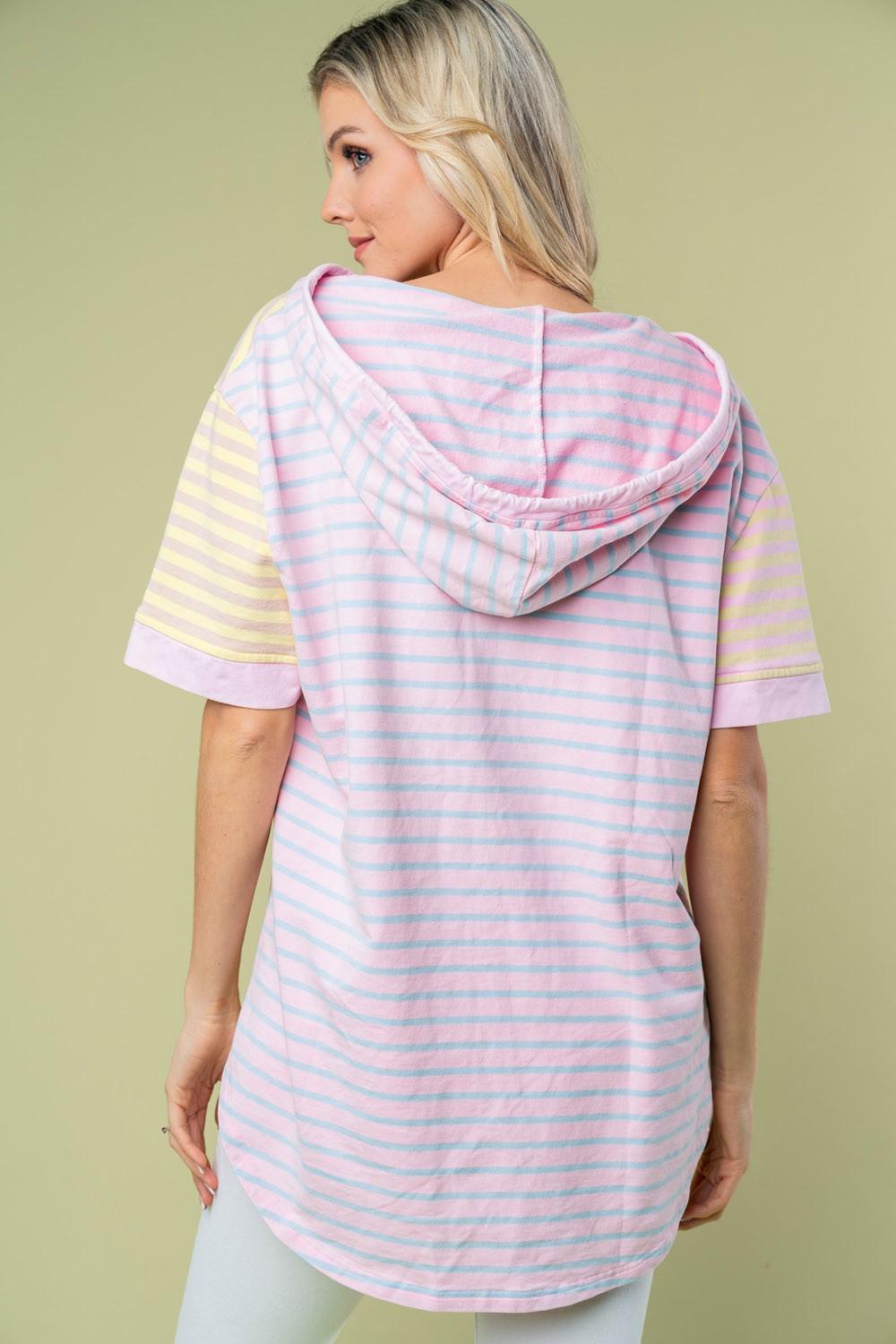 White Birch Full Size Striped Short Sleeve Drawstring Hooded Top Carauana Store