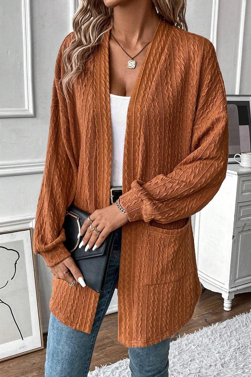 Textured Pocketed Open Front Long Sleeve Cover Up Carauana Store