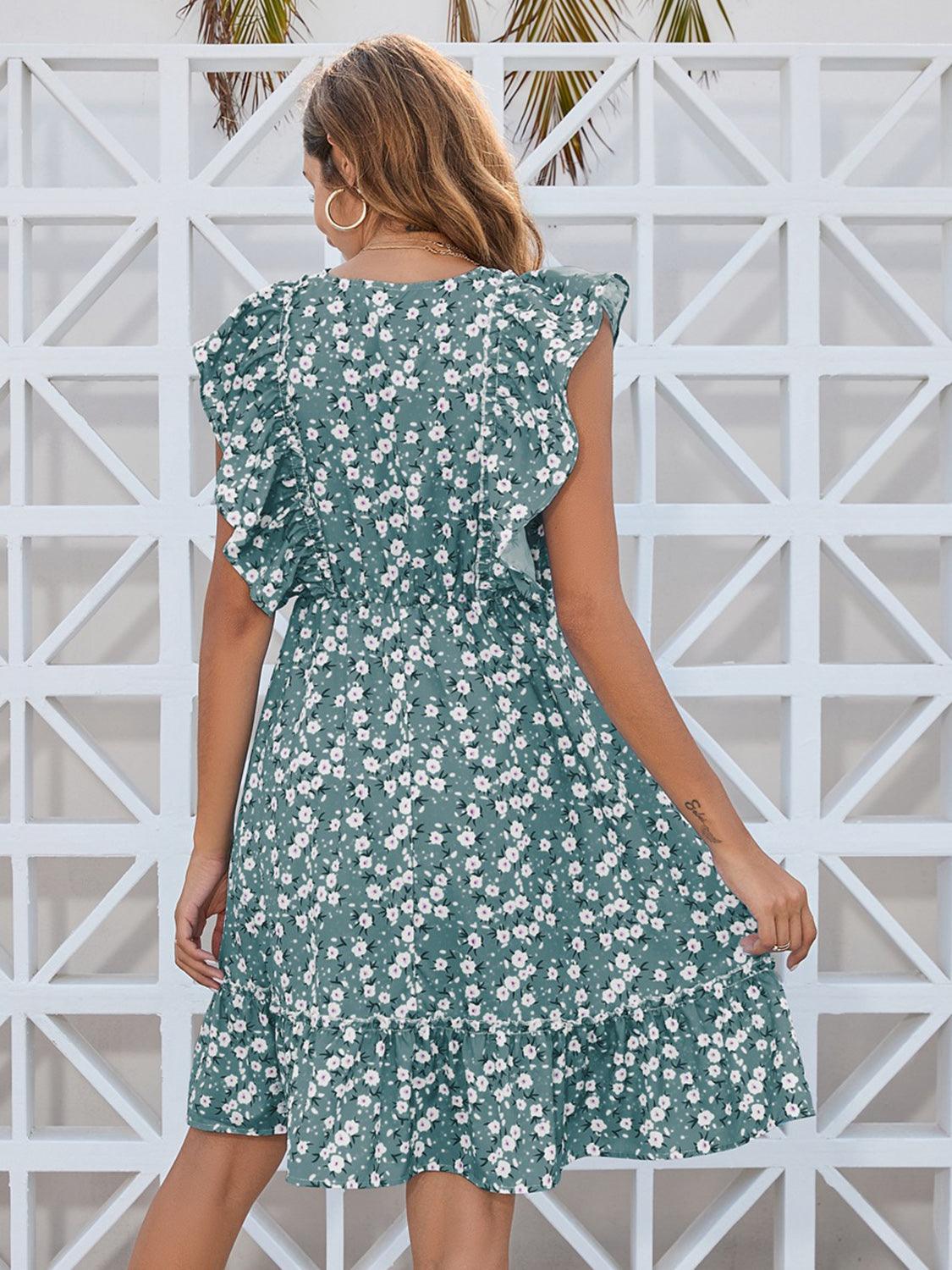 Ruffled Ditsy Floral Surplice Mini Dress Carauana Store