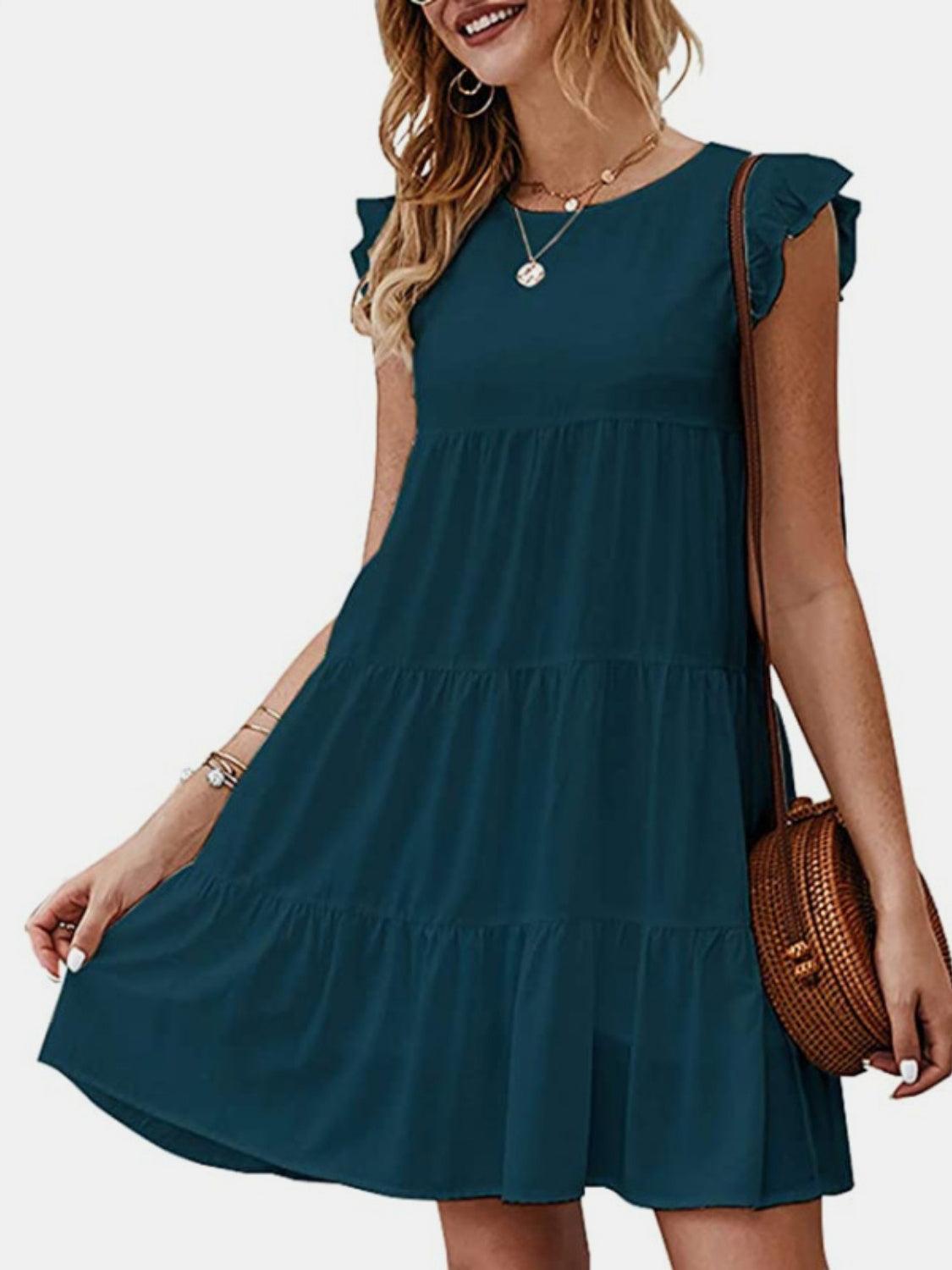 Ruffled Round Neck Cap Sleeve Mini Dress Carauana Store