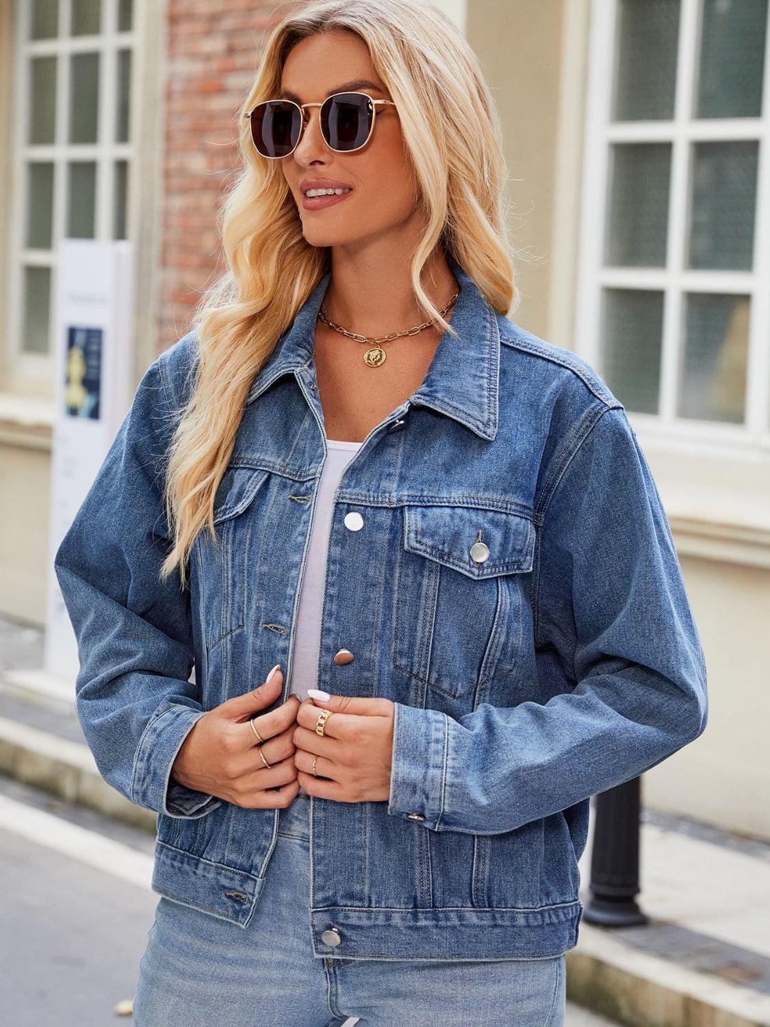 Pocketed Collared Neck Denim Jacket Carauana Store
