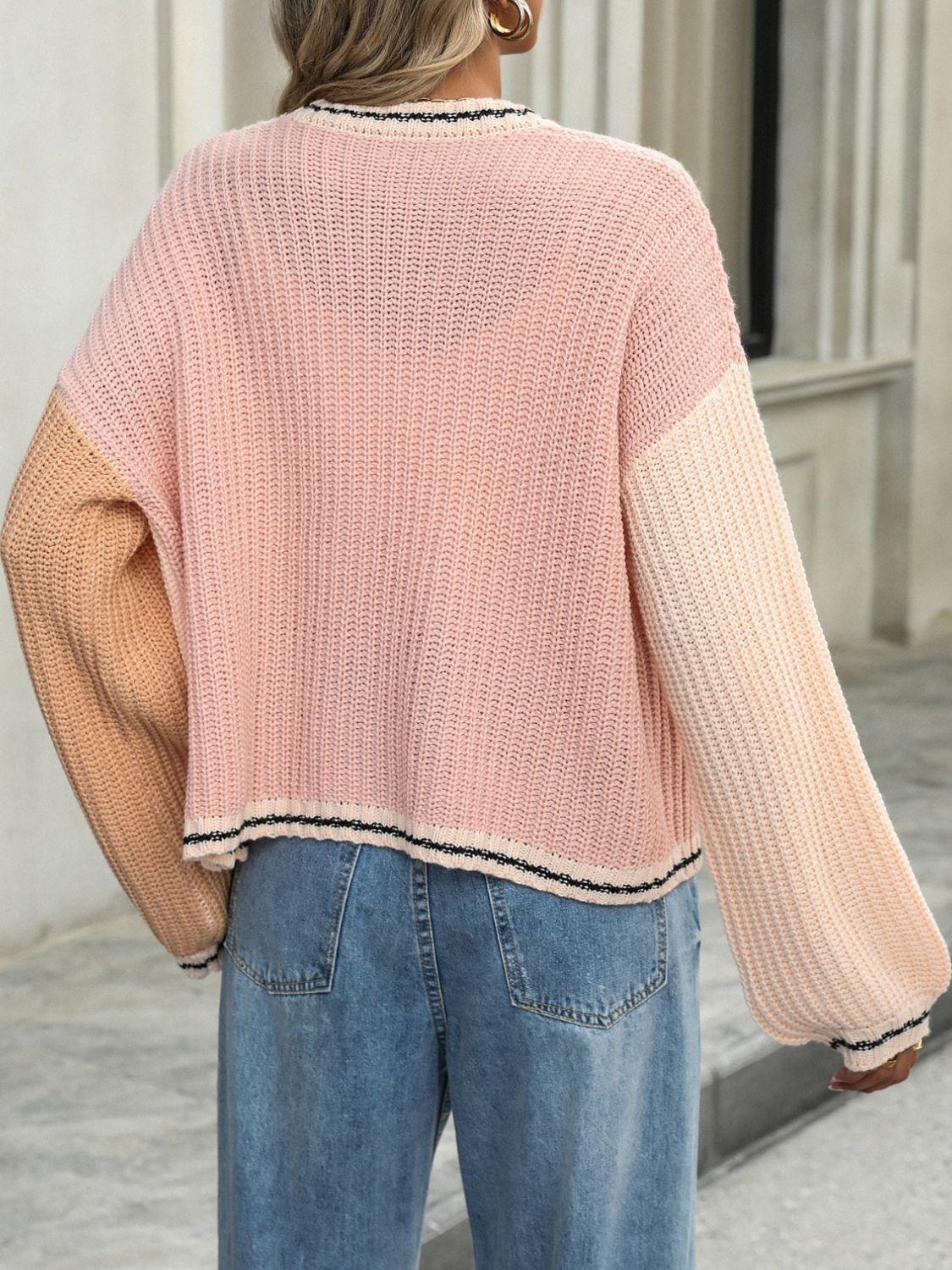 Contrast Open Front Long Sleeve Cardigan Carauana Store