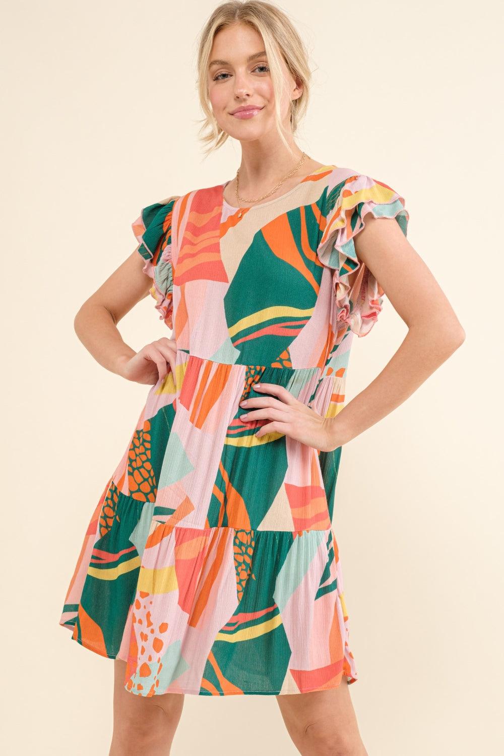 And The Why Printed Double Ruffle Sleeve Dress Carauana Store