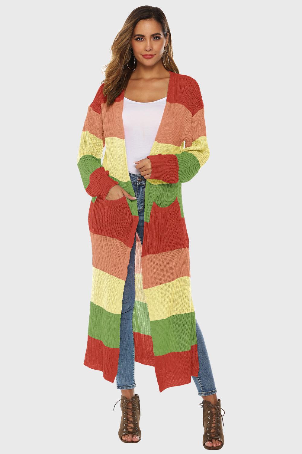 Color Block Long Sleeve Pocketed Cardigan Carauana Store